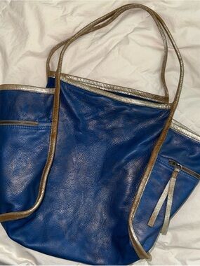 Rough & Tumble Large Lorna Blue Leather Tote with Metallic gold Trim